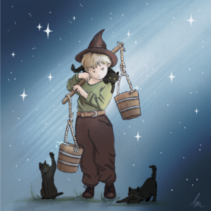 Illustration enfant sorcier fantasy chats noirs